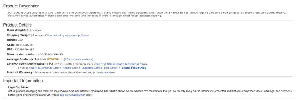 Amazon-listing-of-Onetouch-ultra-test-srips-product-description