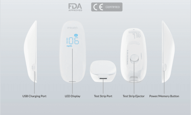 iHealth smart wireless gluco-monitoring features an LED screen, usb charging port, test strip eject button, and power/memory button. 